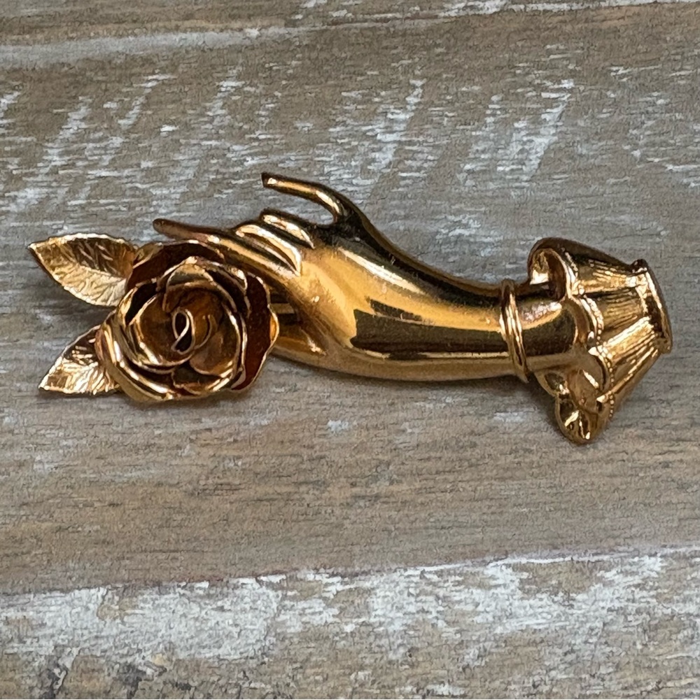 Vintage Coro Hand Brooch Holding Rose